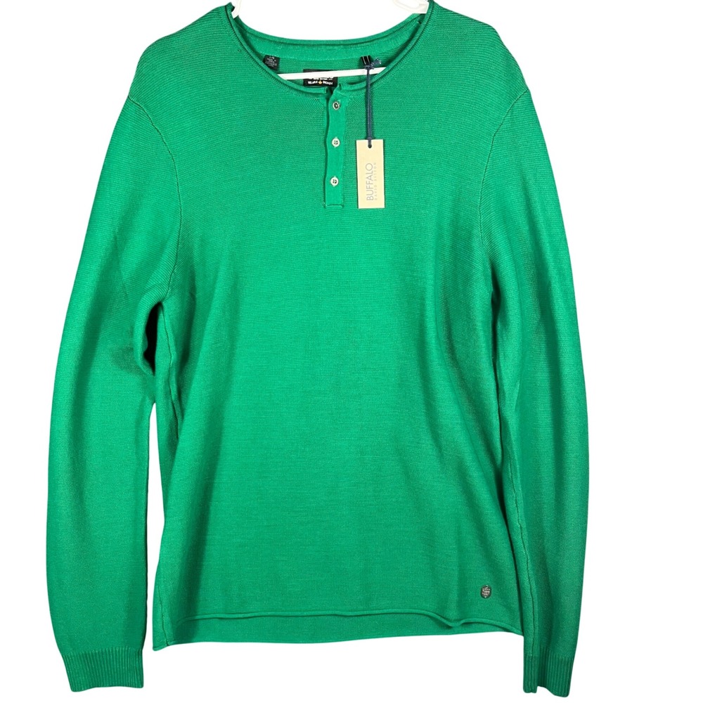 David Bitton Buffalo Henley Sweater Mens Large Green Cotton Long Sleeve  NWT